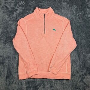 Tommy Bahama Mens Coral Orange Slub Knit 1/4 Zip Pullover Sweater Size Medium